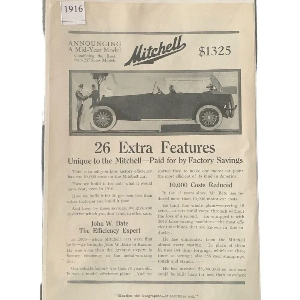 Vintage 1916 Mitchell Auto 26 Extra Features Ad Advertisement